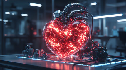 Poster - A futuristic glowing heart cyborg concept art. Suggests advanced medical technology and artificial organ design. Perfect for sci-fi themes and digital art projects.
