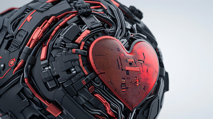 Poster - A futuristic mechanical heart with red circuitry. This image could be used for science fiction projects or medical technology concepts.