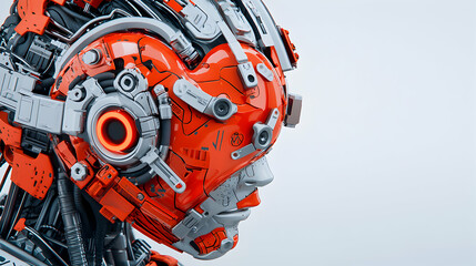 Poster - A futuristic robot head with a heart-shaped design and a glowing eye. It suggests a fusion of technology and emotion perfect for sci-fi or concept art.