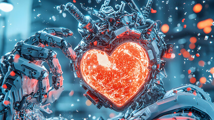 Poster - A futuristic robotic heart glows brilliantly suggesting technological love. Use it for sci-fi themed romance or cyberpunk projects showing advanced emotions in a machine.