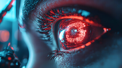 Poster - A futuristic eye glows with circuits. This image could illustrate technological advancement or explore themes of artificial intelligence and cybernetics in art or design.