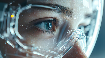 Poster - Close-up of a person wearing futuristic glasses. The image shows an eye reflecting light. Suggests concepts of technology and vision.