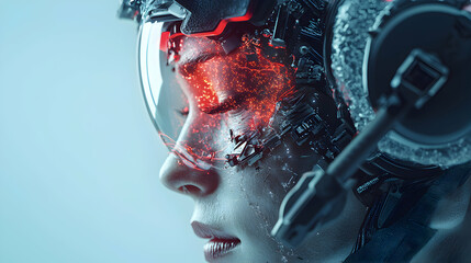 Poster - a futuristic cyborg portrait with glowing red neural network visual. suggestion: concept art for adv