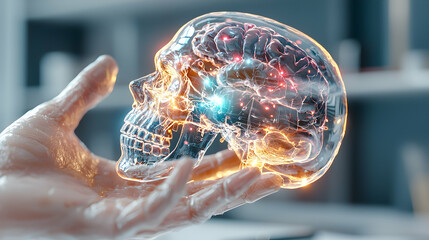 Poster - A hand holds a glowing transparent skull revealing the brain inside. Ideal for medical science or educational presentations about the human brain.