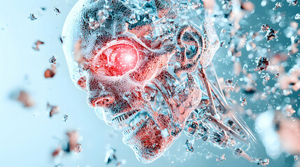 Poster - A futuristic cyborg head disintegrating into fragments showcasing advanced technology and AI. Great for sci-fi concept art or digital design projects. 