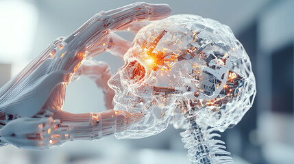 Poster - futuristic image depicts a robotic hand touching a translucent skull showcasing advanced technology.