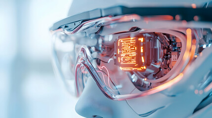 Poster - A futuristic robotic face showcasing intricate tech details. Ideal for concepts involving AI virtual reality or augmented reality scenarios and technological advancements.