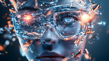 Poster - a futuristic cyborg with shattered glass effects. suggesting technology integration and human augmen