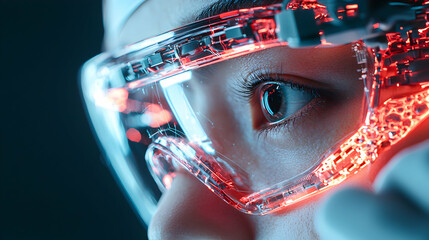 Poster - futuristic goggles illuminate the eye suggesting augmented reality and advanced technology. potentia