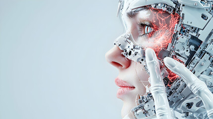 Poster - a cyborg woman's profile showcases a blend of human features and robotic elements. ideal for futuris