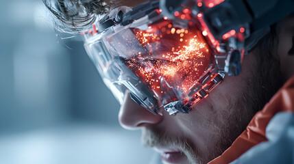 Poster - a futuristic image of a man wearing high-tech augmented reality glasses. this could be used to illus