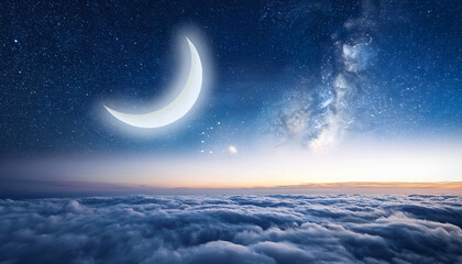 Wall Mural - crescent moon shines brightly above a sea of clouds and sparkling stars in a night sky