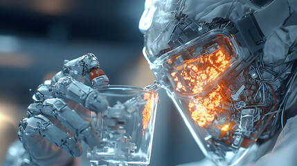 Poster - A cyborg drinks from a glass. The image emphasizes futuristic design and the melding of technology with the human form. This could inspire science fiction artwork or tech concepts.