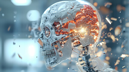 Poster - Futuristic cyborg skull concept with glowing brain. Excellent for sci-fi projects or exploring themes of technology and the mind. Suitable for digital art or promotional material.