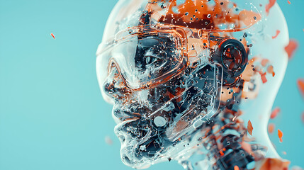 Poster - A futuristic cyborg head with transparent components. Suggests advanced technology or artificial intelligence. Ideal for tech-related marketing or concept art.