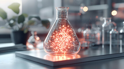 Poster - A glowing beaker filled with interconnected lights sits on a reflective surface in a lab setting. Great for scientific concepts or futuristic design.