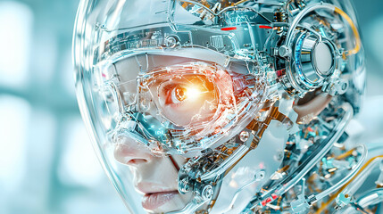 Poster - A futuristic cyborg's head encased in a transparent tech helmet. The eye glows suggesting advanced digital integration. Potential application in virtual reality interfaces and futuristic medical imagi
