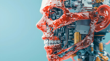 Poster - A cyborg face reveals internal mechanisms under a red translucent layer showcasing a blend of organic and technological elements. Use this for futuristic concepts.