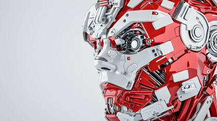 Poster - A futuristic robot face with glossy red and white components. Ideal for sci-fi projects or tech-related concepts suggesting advanced artificial intelligence and innovation.