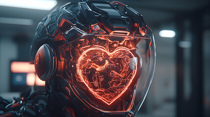 Poster - A futuristic robotic helmet with a glowing heart-shaped display suggests advanced technology and themes of artificial intelligence and emotion. Possible application in science fiction.