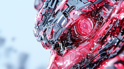 Poster - A detailed futuristic robot head with glowing red eye. Excellent for sci-fi posters concept art or desktop backgrounds. The image features complex geometric patterns.