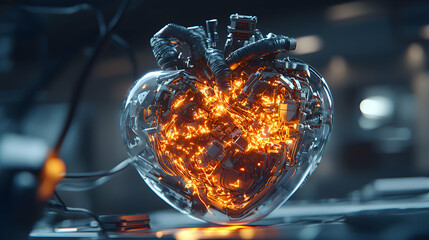 Poster - A futuristic heart made of glowing wires circuits and metal components. Could represent artificial intelligence or advanced medical technology.