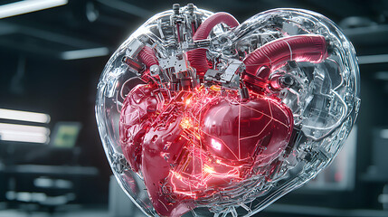Poster - A futuristic heart model encased in a transparent shell showcasing intricate mechanical components and glowing energy pathways. Ideal for medical tech presentations.