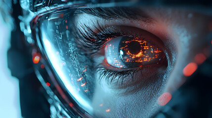 Poster - a close-up image showcases a cyborg eye reflecting digital data. this futuristic concept suggests ad