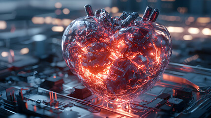 Poster - A futuristic glowing heart crafted from tech components. Could represent advanced medicine or artificial intelligence. Ideal for science fiction art or tech-themed content.