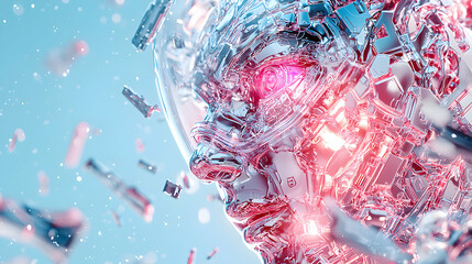 Poster - A futuristic robot face with a red glowing eye is the focus. The artwork showcases advanced technology and a sense of sci-fi mystery. Could be a game graphic or AI art.