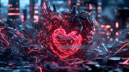 Poster - Cyberpunk heart glowing neon red amidst a futuristic city. Perfect for sci-fi artwork concept art and digital design. Use as a captivating wallpaper.