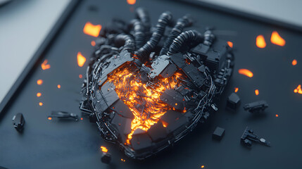 Poster - A futuristic mechanical heart glowing with fiery energy. Ideal for science fiction projects representing advanced technology or digital concepts. Suitable for graphic design or game assets.