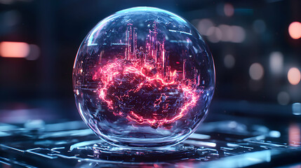 Poster - A glowing futuristic sphere with an internal energy core. Possible applications include data visualization or science fiction concept art. It is very detailed and beautiful.