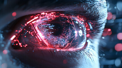 Poster - Cybernetic eye illustration with circuits and glowing red details. Suggests enhanced vision or technological integration. Perfect for science fiction projects.