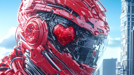 Poster - A futuristic red robot head with a glowing heart symbolizes love. Ideal for sci-fi or technology-themed designs. Use for greeting cards or digital art.