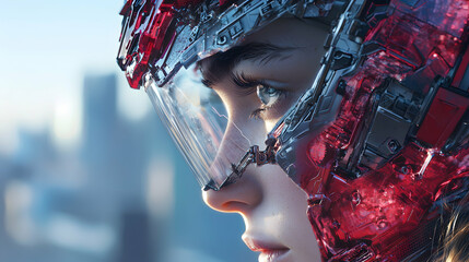 Poster - a futuristic portrait showcases a person with a high-tech helmet and focused gaze. suggests a sci-fi