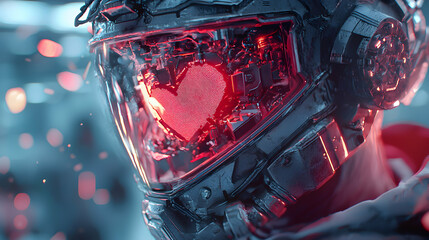 Poster - Cyberpunk heart shaped display glows red in a futuristic helmet. A digital love concept. Perfect for tech themed visuals. Good for promotional materials or graphic design.