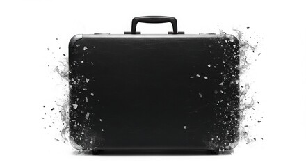 Black suitcase exploding with fragments against white background