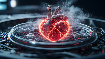 Poster - A futuristic heart pulses with energy surrounded by machinery. Ideal for science fiction concepts medical innovation or technological advancement visuals.
