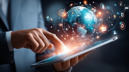 Poster - businessman's hand interacting with futuristic holographic interface displaying data visualization a