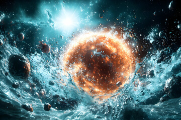 Poster - A cosmic explosion depicts a fiery celestial body interacting with water creating a dynamic and dramatic scene perfect for sci-fi art or space-themed designs.
