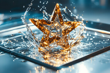 Poster - A golden star submerged in water creates a dynamic splash. Ideal for awards concepts or celebratory visuals. Perfect for websites marketing or promotional material.