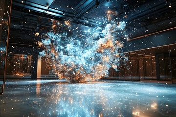 Poster - An abstract futuristic scene with glowing particles. Use it for a sci-fi movie poster or a modern art display. Evokes a sense of wonder and technology.