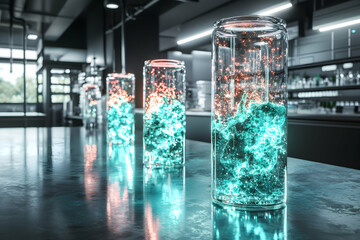 Poster - Glowing energy experiments in glass containers display futuristic scientific advancement. Ideal for visualizing energy storage or chemical reactions in research settings.