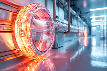 Poster - A futuristic lab environment with glowing circular lights and metallic infrastructure. Ideal for scientific research or technological innovation themes. The design conveys advanced technology.