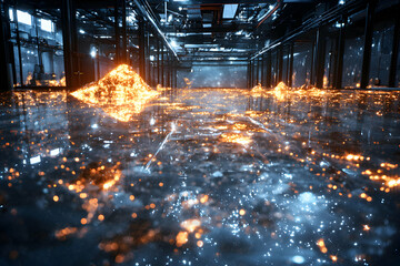 Poster - A futuristic industrial scene is awash in glowing light. This could represent advanced technology or a dynamic energy source. Consider using it for sci-fi projects.