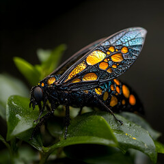 Poster - A vibrant insect rests on a green leaf showcasing iridescent wings. Use this image as inspiration for intricate illustrations or fantasy art projects.