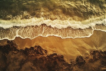 Poster - Waves gently roll onto a sandy shore during golden hour by the sea, sea waves roll onto the shore, view from above
