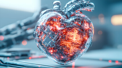 Poster - A futuristic glowing cybernetic heart illustration symbolizing technology. It's great for healthcare websites or tech presentations about innovations in medicine.
