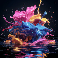 Poster - Abstract paint splash bursting from water. Vibrant colors create a dynamic artwork perfect for artistic projects or digital design. Enhances visual appeal.
